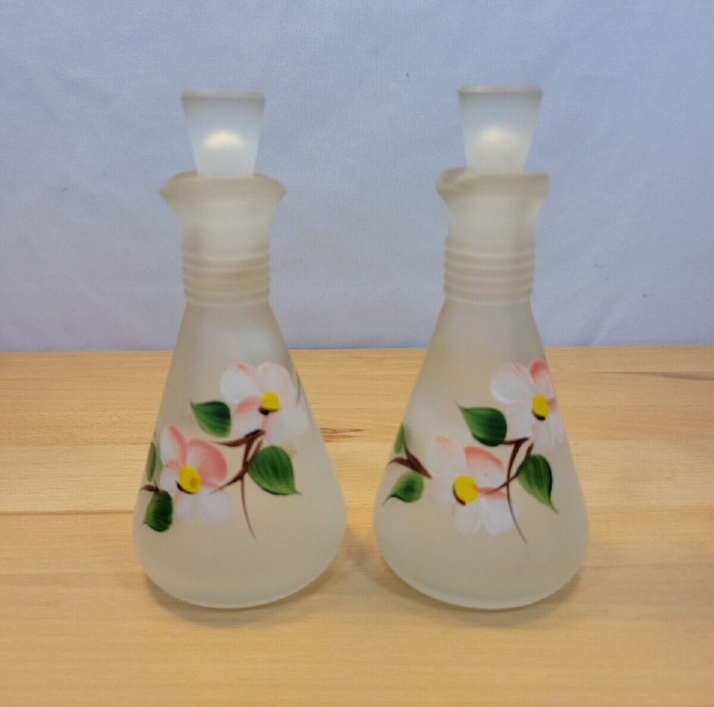 Pair Vintage Hand Painted Hazel Atlas Gay Fad Pink Flowers Cruets & Stoppers
